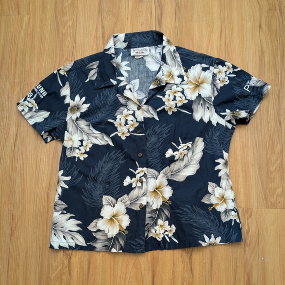 Pacific Legend Apparel Womens‎ Hawaiian Camp Shirt Blue Hibiscus Button Up L